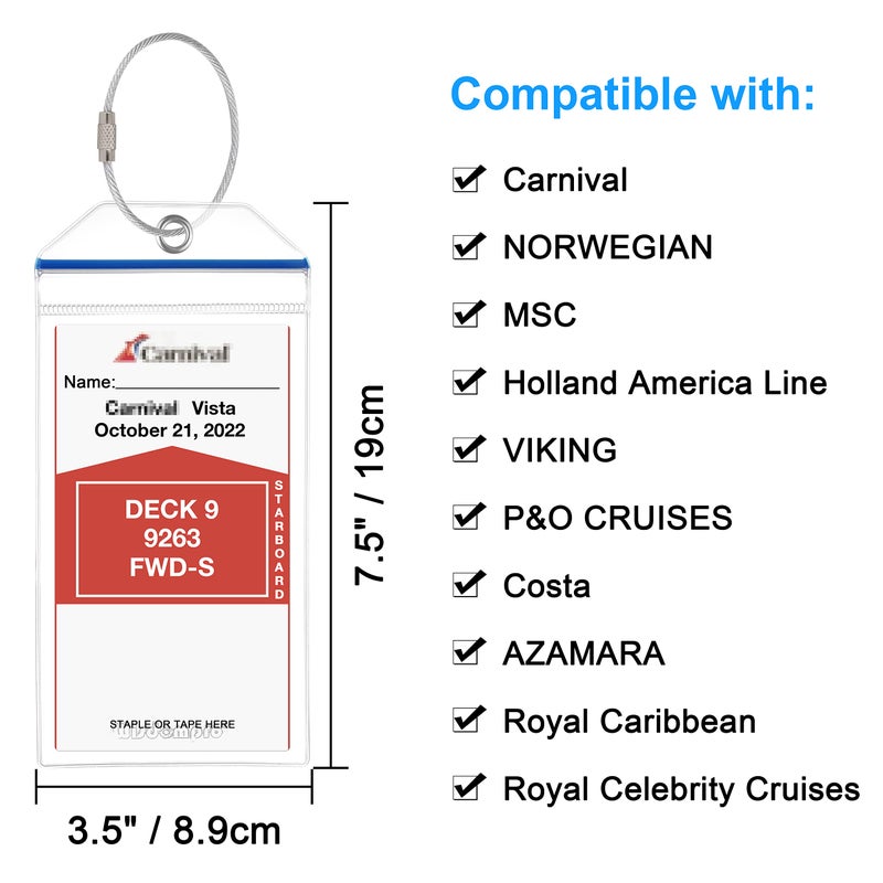 Wisdompro Cruise Luggage Tag Holder, 5 Pack Clear Waterproof Luggage Tags with Zip Seal & Steel Loops for Carnival Cruise Ships - Image 2